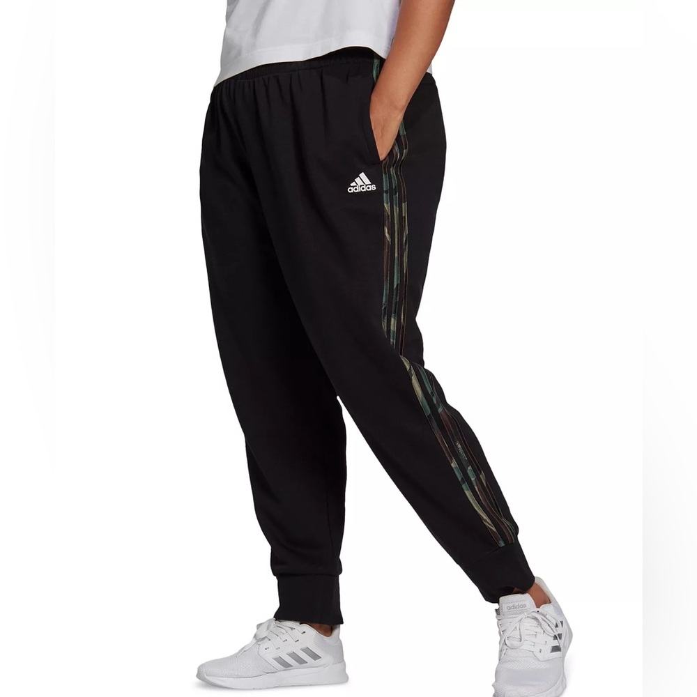 Adidas Essentials Women’s Plus Size Camo 3-Stripe Pants in 3X